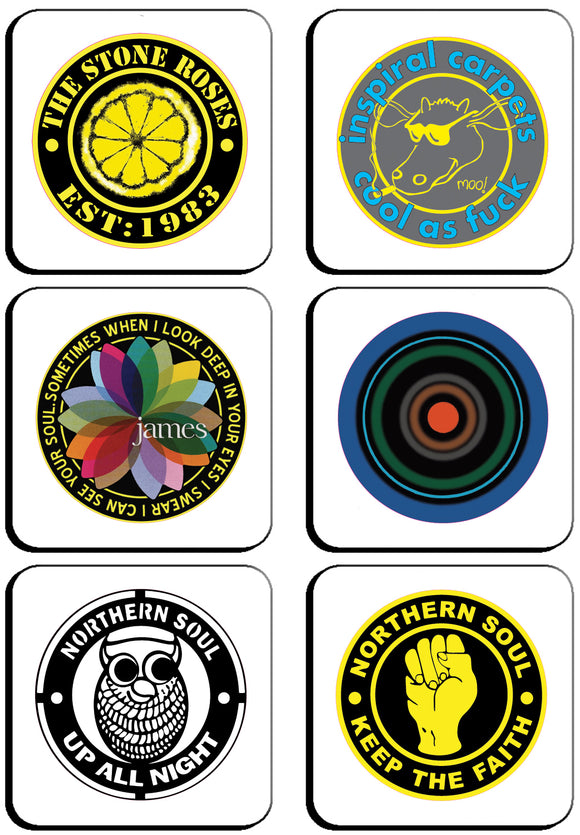 6 x Manchester Band & Northern Soul Badges Square Cup Coasters